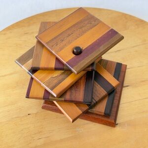Handmade Wooden Coasters, Set of 6 Handturned Wood Beverage Coasters with Holder